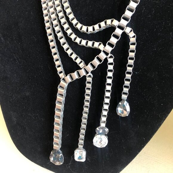 Fashion Jewelry Pewter Necklace Large Dripping Rhinestones 22" to 27" - Picture 4 of 12